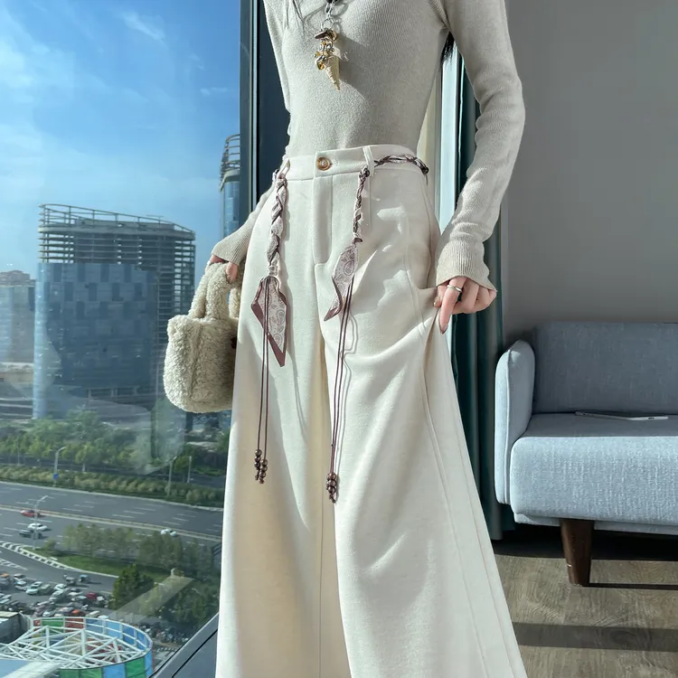 韩系毛呢阔腿裤女秋冬季2025新款高腰宽松显瘦百搭休闲九分直筒裤