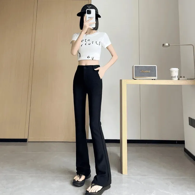 黑色西装微喇叭裤女2025春秋新款高腰显瘦弹力小个子黑色休闲西裤