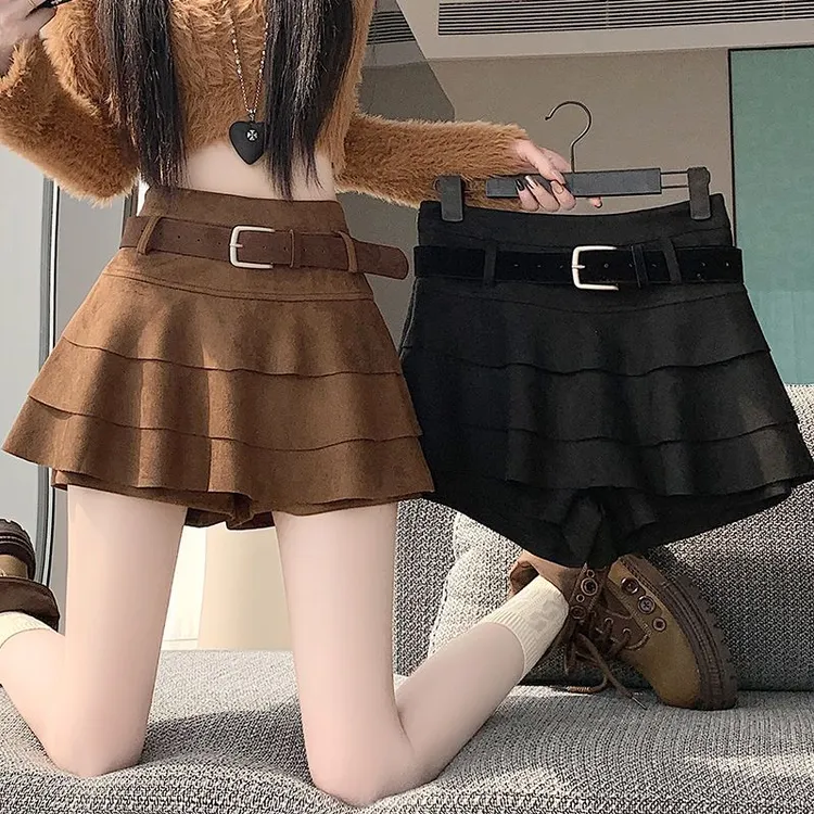 荷叶边包臀蛋糕短裙女秋冬新款高腰显瘦辣妹复古鹿皮绒半身a字裙