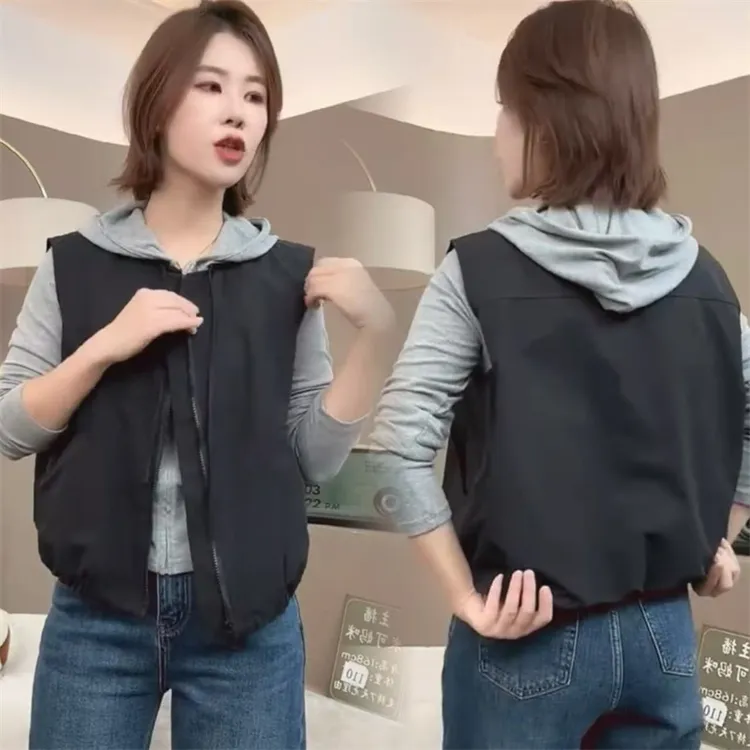 欧货纯色圆领无袖马甲外套女2025早秋宽松百搭领口抽绳设计上衣潮