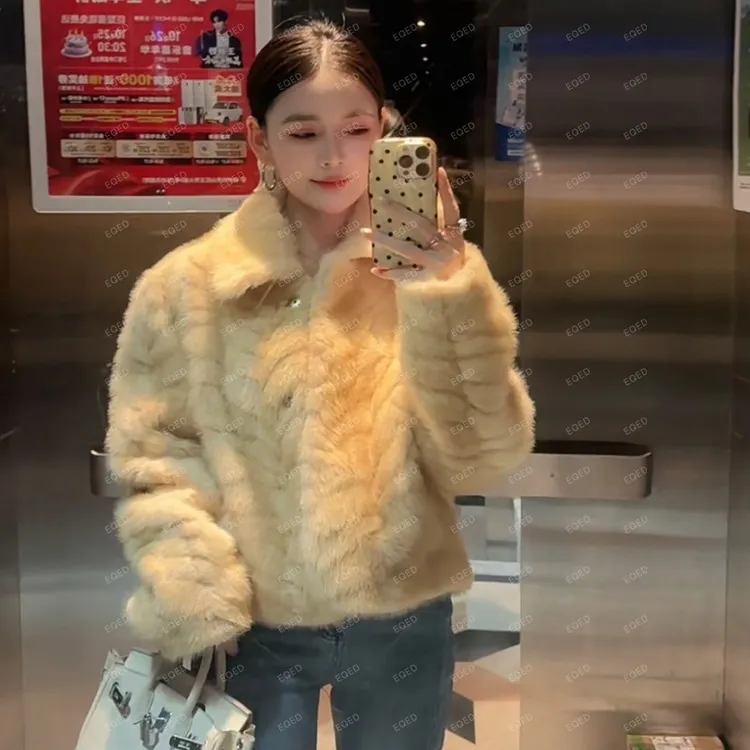 韩系高级感金叶貂环保仿皮草外套女2025冬季新款皮毛一体保暖上衣
