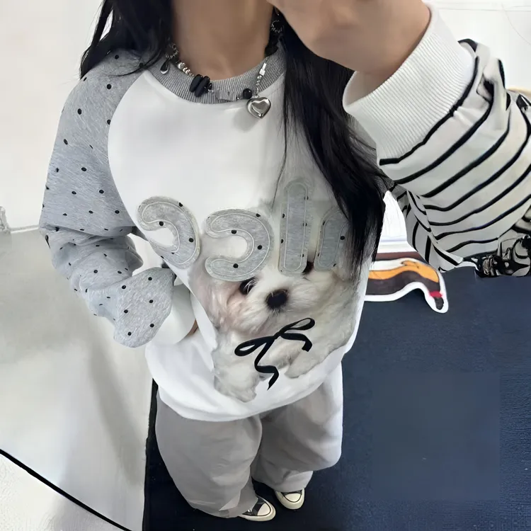 纯棉小狗波点条纹插肩袖圆领卫衣外套女春秋季宽松贴布绣长袖上衣