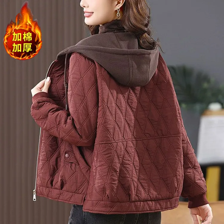 轻薄夹棉外套女棉服2025秋冬新款中年妈妈连帽上衣小个子菱格棉衣