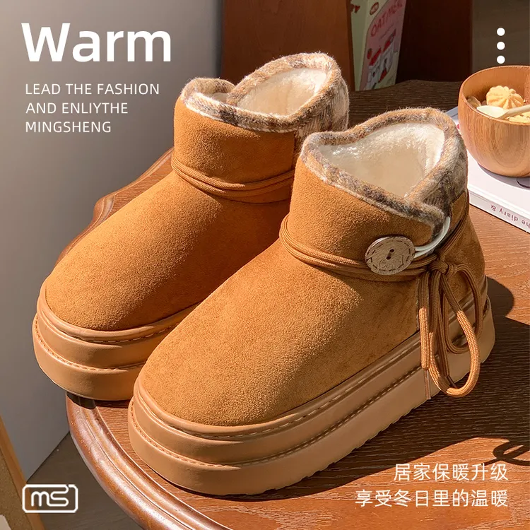 2025冬季爆款保暖时尚雪地靴女绑带卡扣雪地靴厚底防滑增高外穿女