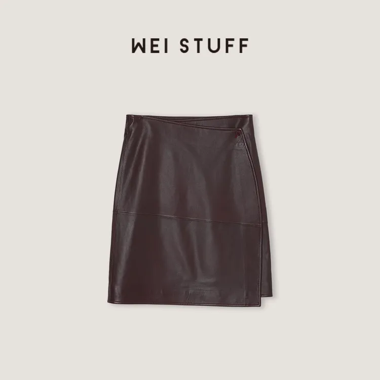 WEI STUFF酒红色不规则一片式西班牙进口绵羊皮半裙 10839.