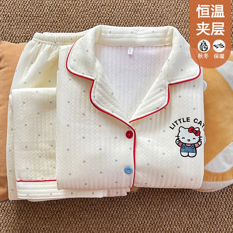 睡衣女卡通夹层加厚长袖长裤秋冬季可爱甜美花边家居服套装143