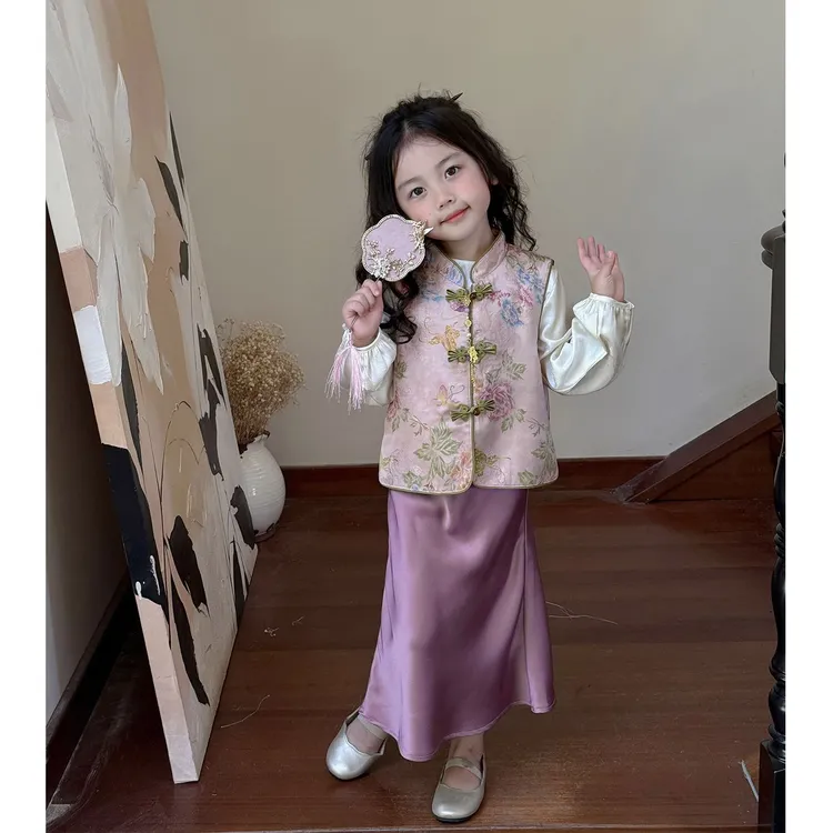 现货汉服女童国风新中式套装儿童旗袍唐装马甲秋装周岁女宝宝礼服