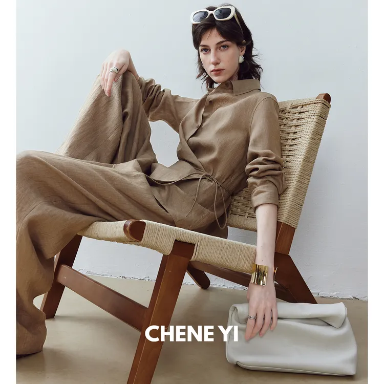 CHENE YI重磅荃亚麻设计感交叉绑带衬衫/松弛感亚麻阔腿裤套装