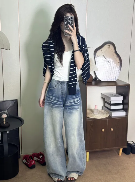 ENEN~复古美式弯刀牛仔裤宽松直筒阔腿裤