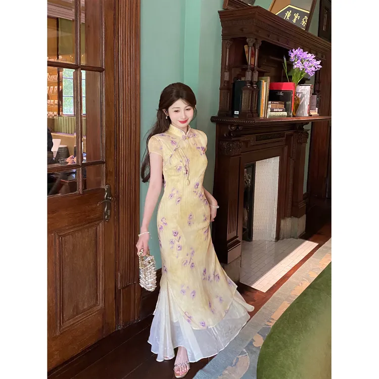 GA盈瓷紫韵千金晕染印花改良旗袍裙女夏季新款中式国风连衣裙