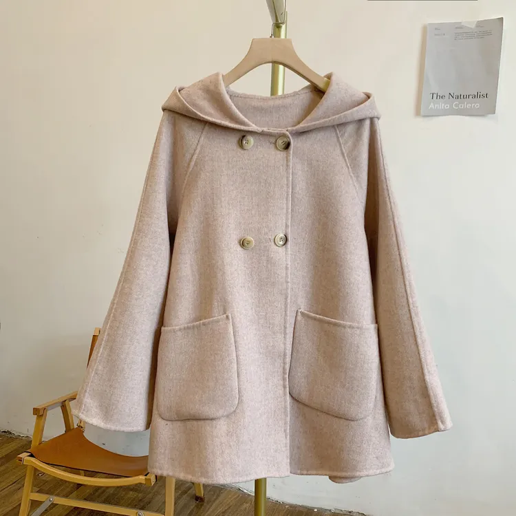 魔法书店Y3082双排扣连帽大口袋毛呢外套