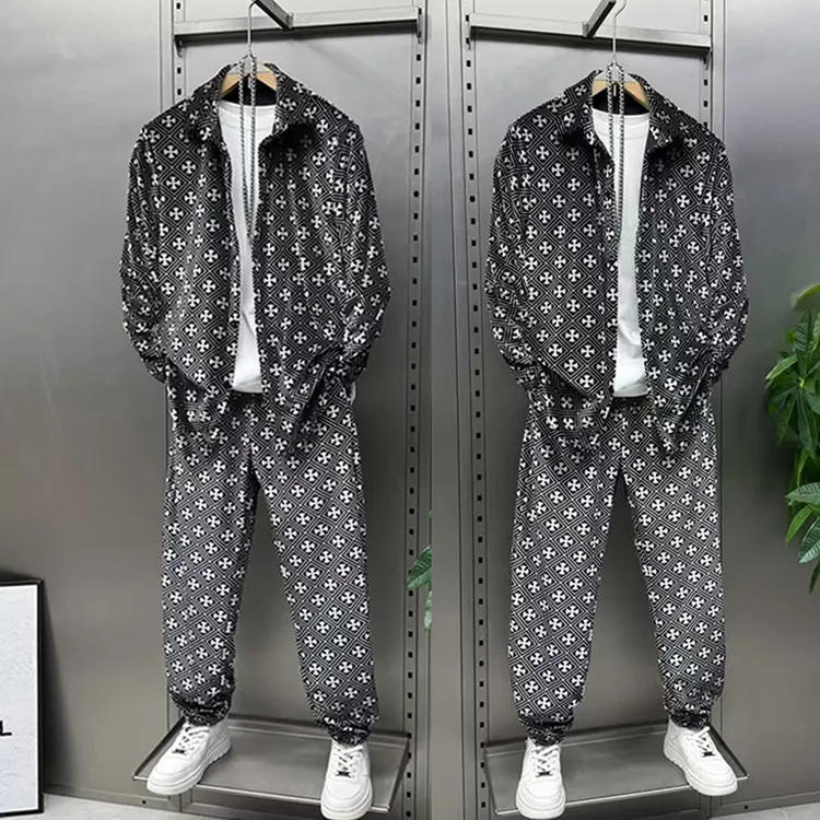 秋季潮牌套装男翻领衬衣时尚金丝绒长袖衬衫休闲运动裤两件套男装