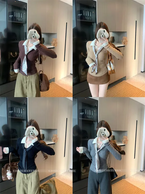 学院风撞色翻领麻花毛衣针织衫冬季新款设计感修身显瘦上衣配丝巾