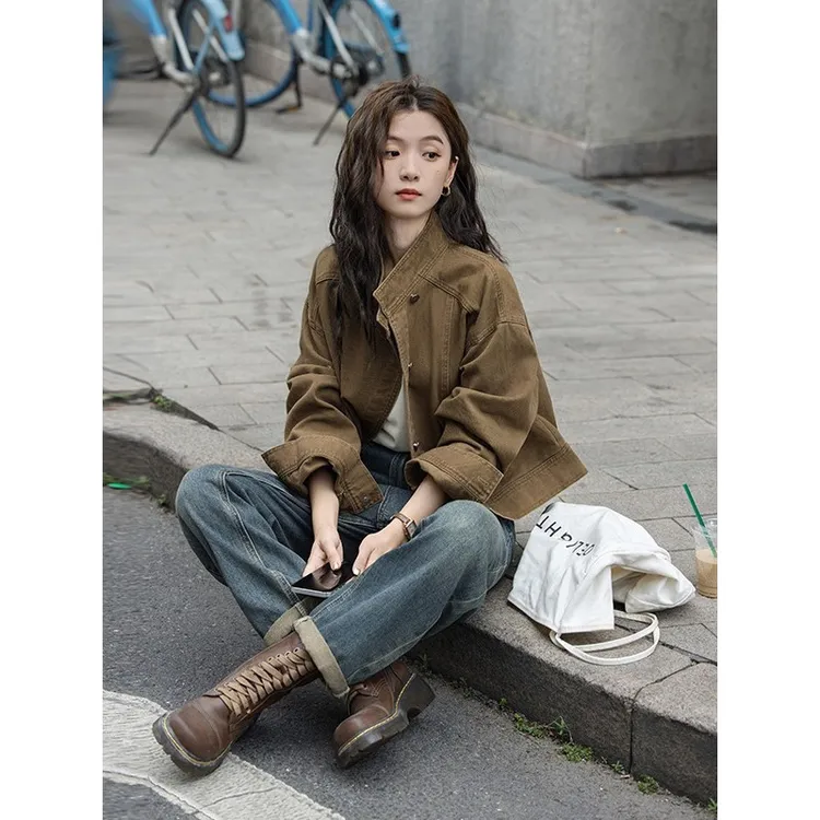 2025韩系设计感咖色女装新款春季短款牛仔外套宽松工装夹克上衣