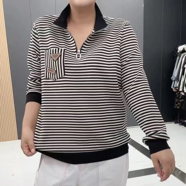 立领条纹长袖女士春秋季条纹洋气时尚韩版休闲显瘦针织百搭-9960
