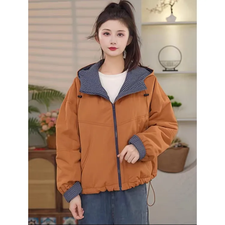 韩版时尚夹棉加厚连帽外套女新款秋冬设计感百搭气质休闲棉服冬季