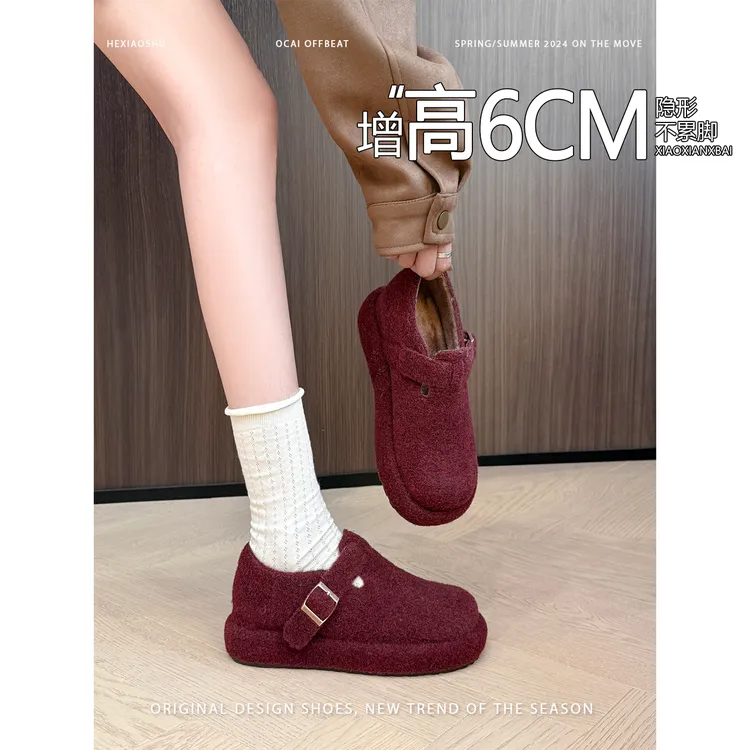 真皮复古圆头厚底勃肯鞋女2025新款时尚休闲百搭内增高加绒保暖鞋