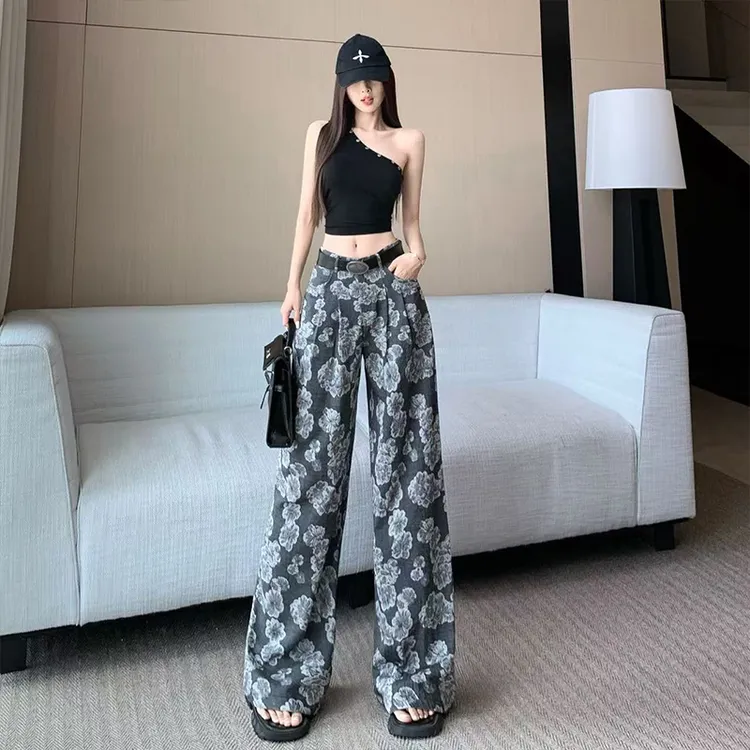 艾格高级感复古印花阔腿裤女2025夏季新款高腰垂感宽松直筒休闲裤