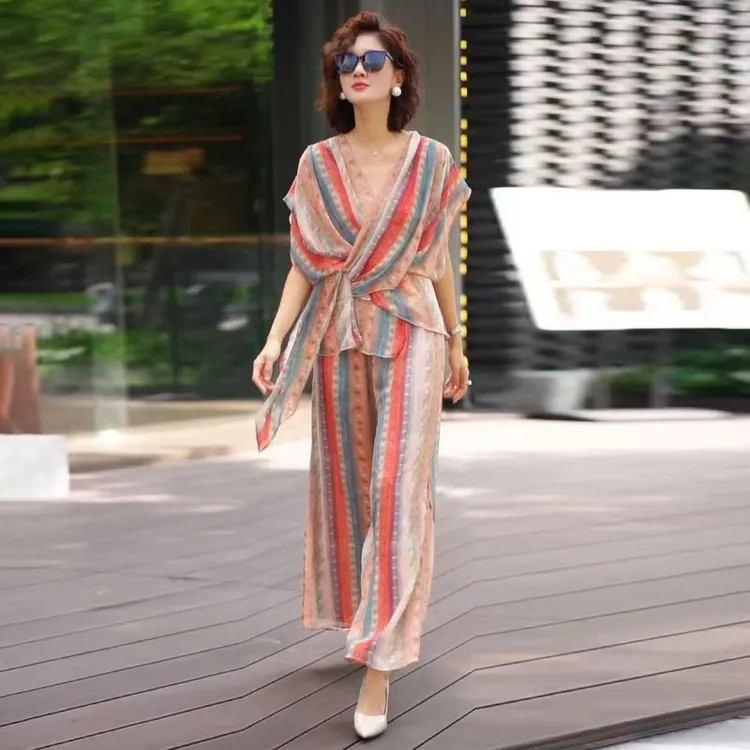 H夏季经典时尚妈妈不规则薄款乔其纱套装2025高级感气质遮肚藏肉