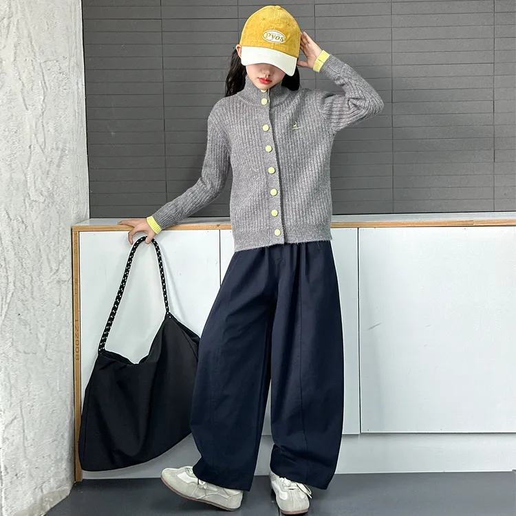 女童春秋季套装2025新款韩系中大童洋气针织开衫阔腿裤两件套潮