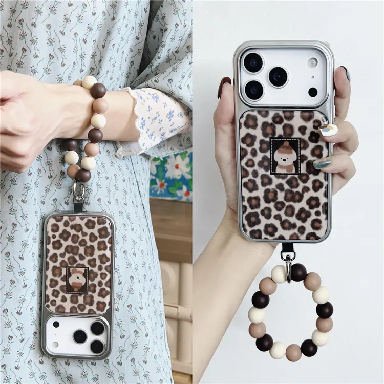 韩系ins复古豹纹小狗适用苹果17promax串珠iphone16pm手机壳15/14