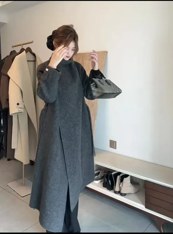 2025年新款秋冬休闲系腰中长款翻领羊毛大衣双面呢女士外套时尚