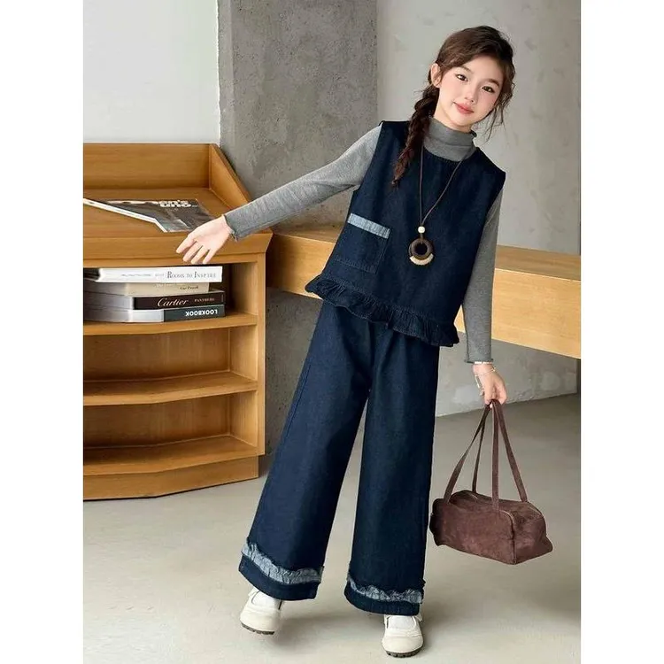 女童牛仔马甲三件套秋季2025新款儿童秋装洋气韩系女大童早秋穿搭