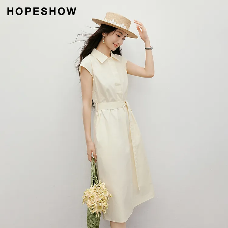 红袖2025秋女装 100棉系带正肩小飞袖中长衬衫连衣裙90125231601