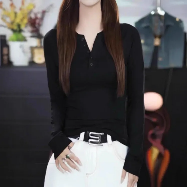 修身长袖辣妹打底半开2025年秋季新款正肩小众纽扣V领设计显瘦上