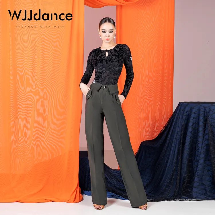 WJJdance国标舞裤子女2025新款腰头翻折口袋拉丁摩登交谊长裤