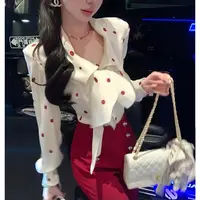 【两件套】法式复古修身长袖波点衬衫+西装长裤两件套装D3530