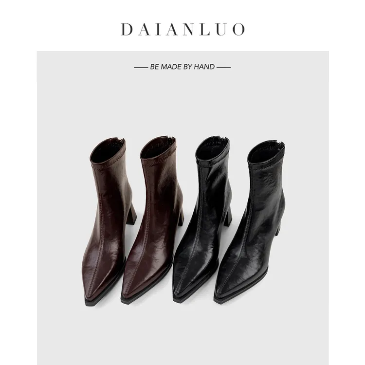 【跟高6cm】新款高跟短靴女瘦瘦靴弹力靴女粗跟尖头裸靴百搭显瘦靴