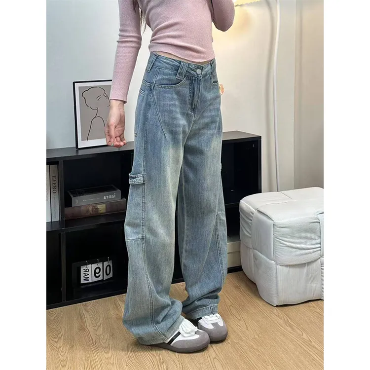 大码浅蓝色复古水洗弯刀牛仔裤女夏季新款美式高腰直筒显瘦阔腿裤