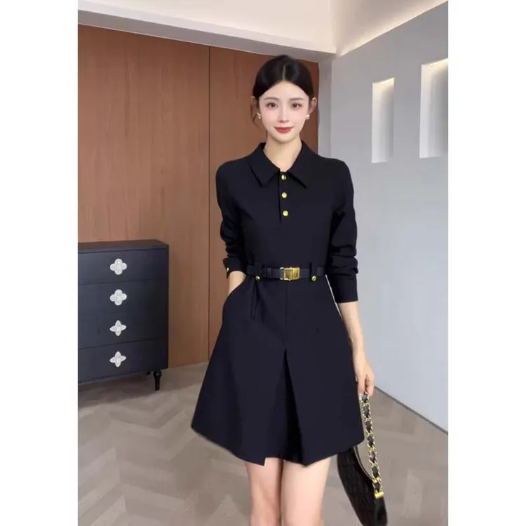 【送腰带】复古赫本风收腰设计气质长袖A字高级感连衣裙DM0021