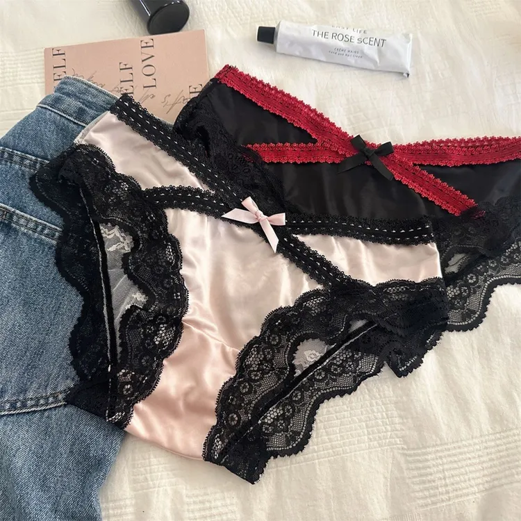 法式纯棉裆性感缎面中低腰女纯欲透气少女薄蕾丝性感内裤女