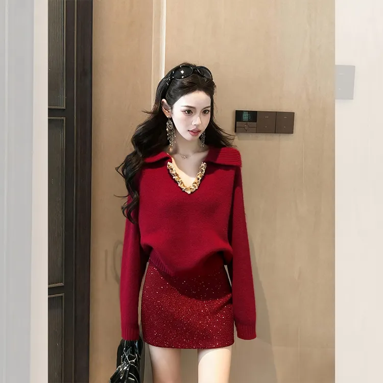 入冬季搭配一整套女装漂亮出片衣服跨年穿搭红色针织衫裙子两件套