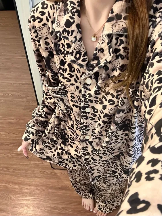 甜酷少女豹纹凯蒂猫金丝绒睡衣女秋冬保暖舒适可外穿家居服套装