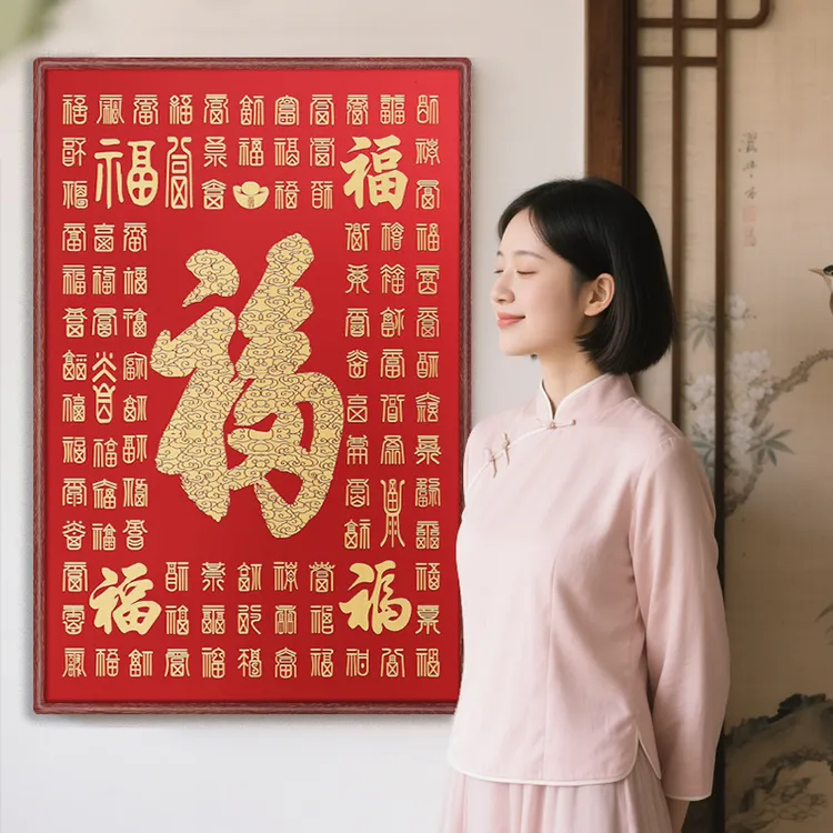 百福图挂画福字黄铜雕刻新中式入户玄关装饰画走廊过道实木框画