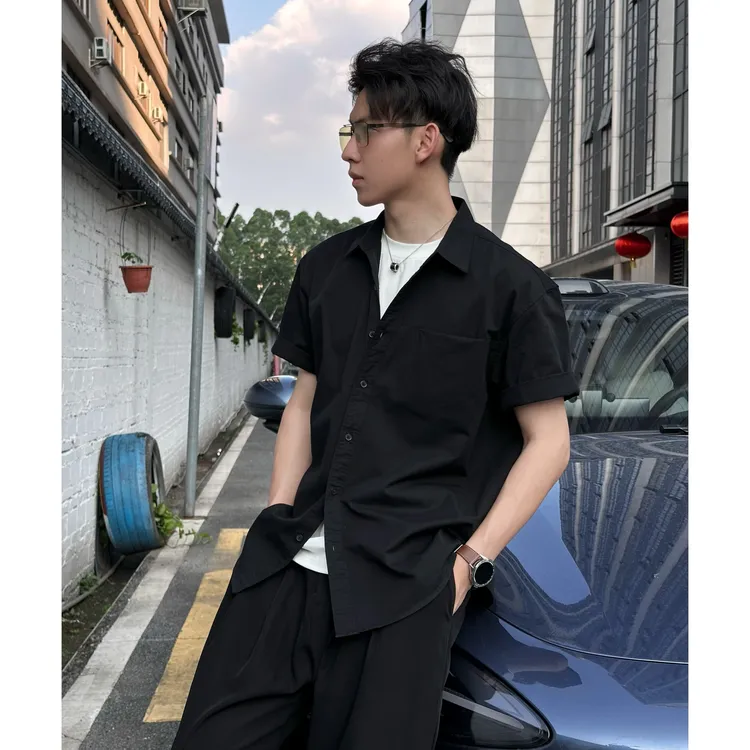 SHS简约设计款休闲纯色短袖衬衫男纯棉高级感老钱风白色衬衣外套