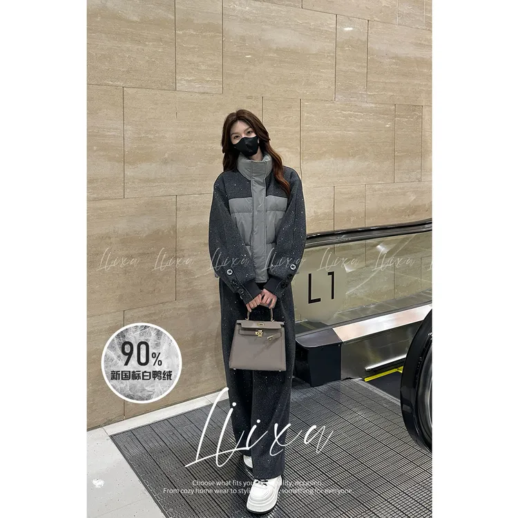 Liixu高级感立领羽绒服女冬季亮片拼接外套阔腿裤套装L48TZ083