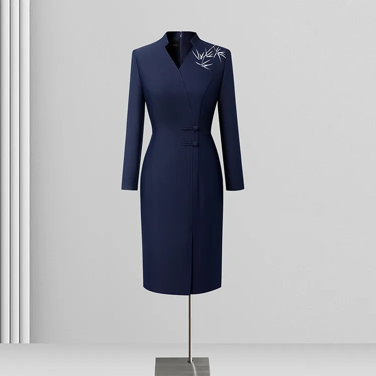 新中式连衣裙女秋季长袖新款刺绣修身珠宝店酒店礼仪员接待工作服