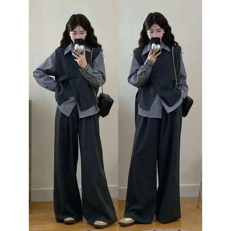 大码女装新款高级感休闲西装韩系收腰马甲条纹衬衫阔腿裤三件套
