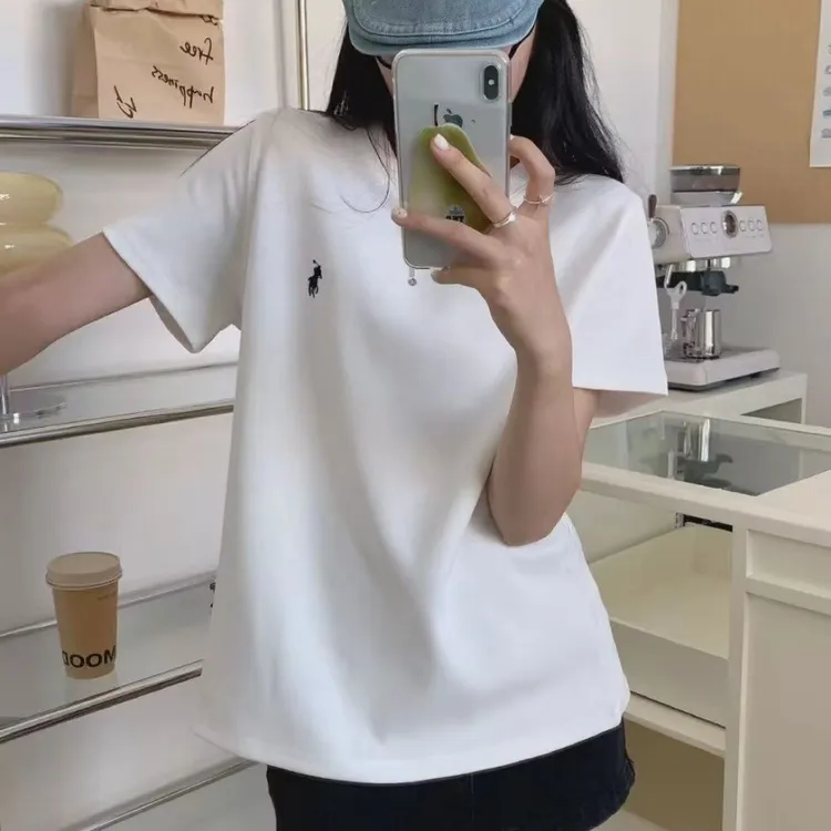 浩彤 欧货气质个性小马刺绣短袖T恤女宽松显瘦圆领上衣潮流时尚