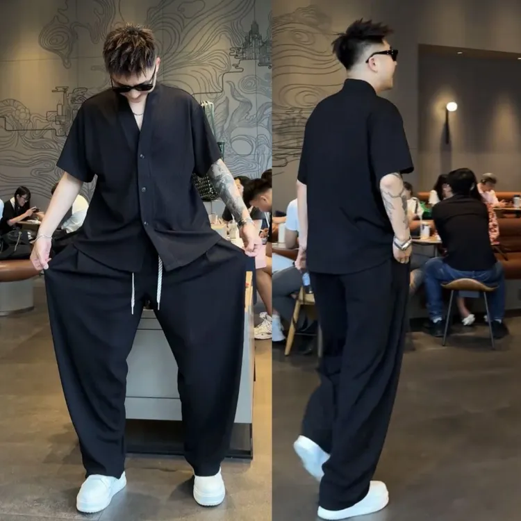 春秋新款两件套简风高级男装百搭休闲宽松短袖套装纯色长裤开衫
