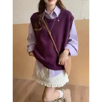 6099 新款法式复古无袖针织马甲+长袖韩系衬衫上衣两套女