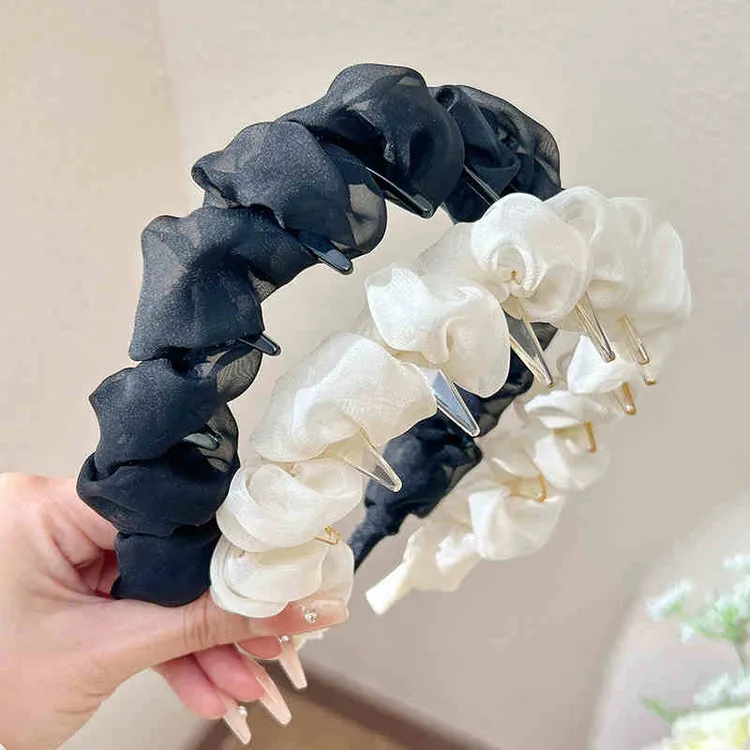 褶皱欧根纱蓬松发箍春夏百搭防滑蕾丝洗脸头箍带齿防滑压发卡发饰