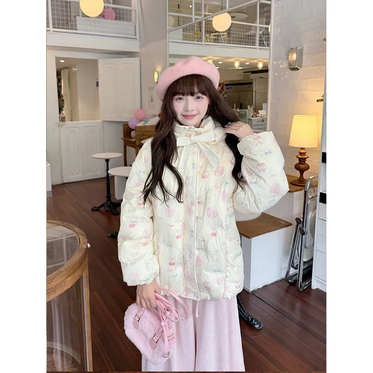 韩系学院风可爱卡通满印连帽棉服女冬季新款宽松保暖加厚面包服潮