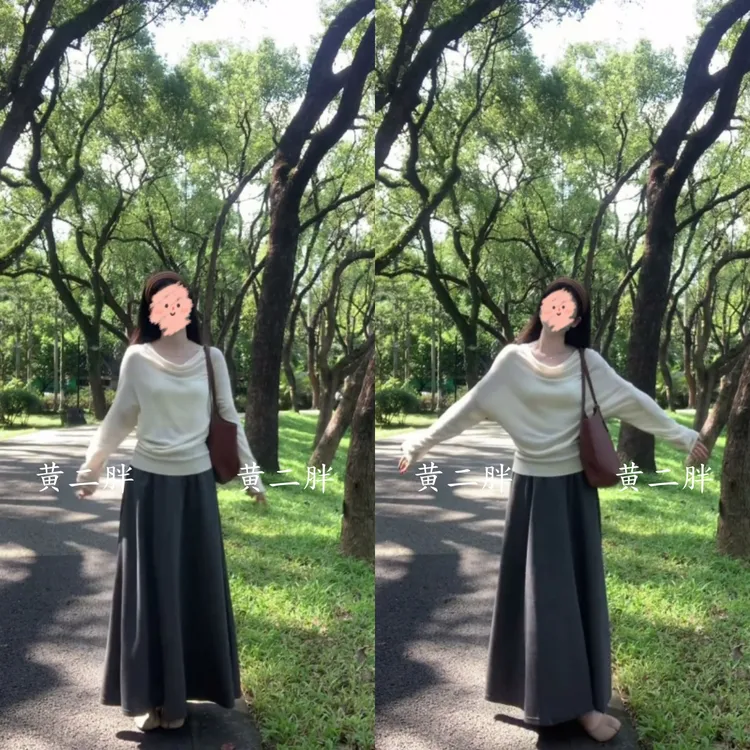 气质荡领长袖针织衫女秋季新款韩系慵懒宽松遮肉百搭上衣配半身裙
