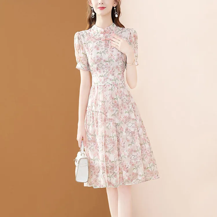 旗袍连衣裙女夏季2024新款气质收腰显瘦中长款小个子碎花雪纺裙子