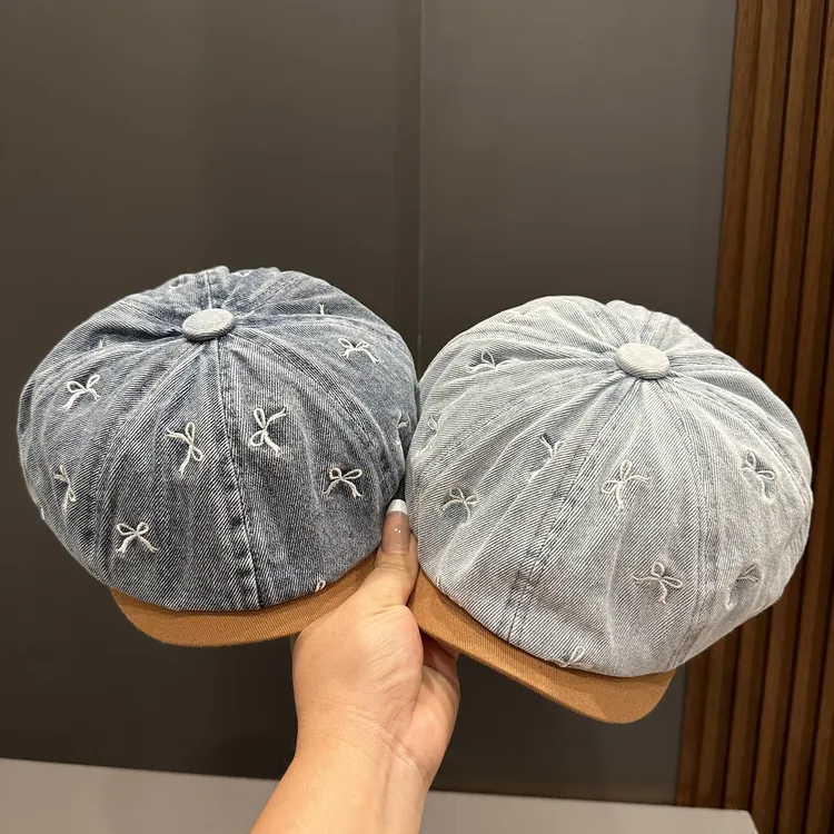 儿童帽子春秋时尚蝴蝶结刺绣牛仔报童帽男女宝宝百搭洋气前进帽潮